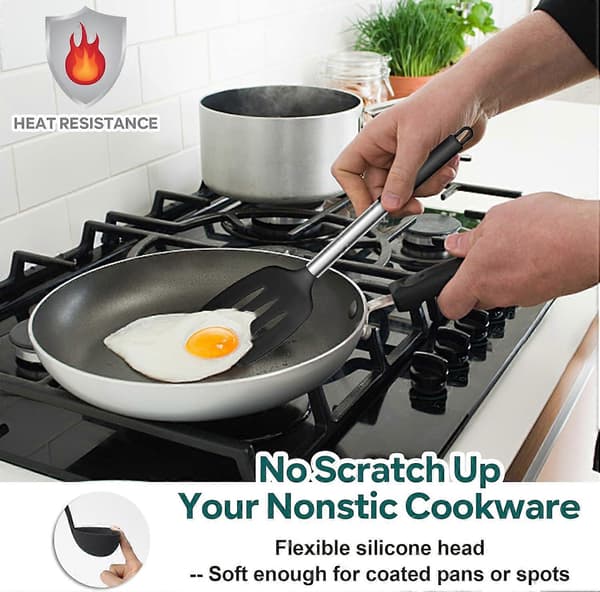 Silicone Spatula, 2-pack, Turner/Non-stick Kitchen Spatula Ideal for Fish, Eggs, Pancakes, Heat Resistant & Dishwasher Safe, Black