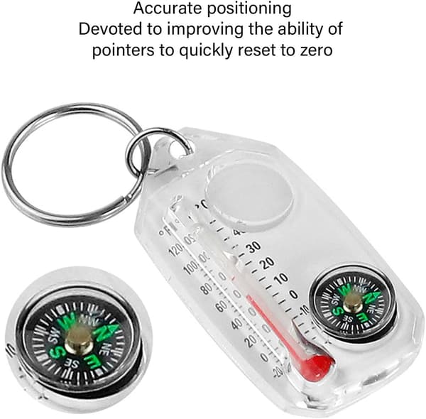 wxsp 1 Piece White Outdoor Thermometer - Compact Compass with Magnifying Glass and Keychain - Portable Mini Navigation Tool - Multifunctional