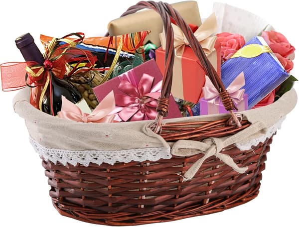 Wicker Woven Picnic Basket with Handle, Empty Gift Basket, Easter Basket with Liner, Wood Chip Storage Organizer