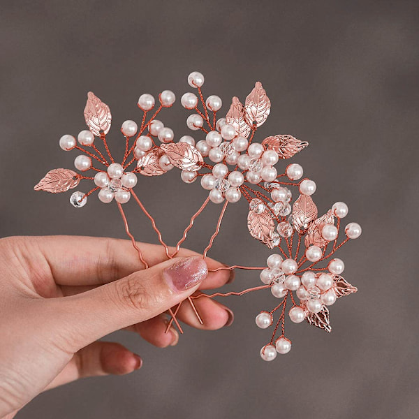 Blad Brudeslør Hårpynt Blomster Hårtilbehør for Kvinner og Jenter, Perle Brud Bryllup Hårnåler (Pakke med 3) (Rosegull
