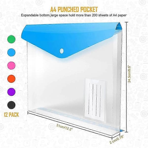 12-pack A4 plastmapp, expanderbara A4 expanderbara hålade fickor för A4-mappar, med snäppstängning