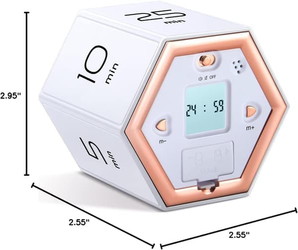 Hexagonal fliptimer med tysta och larmfunktioner. Lätt att använda. Pomodoro-timer och klasstimer - vit.