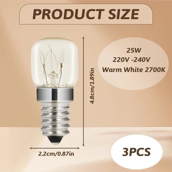 3-pack E14 25W Warm White 2700K High Temperature Resistant Oven Bulbs for Microwave and Refrigerator