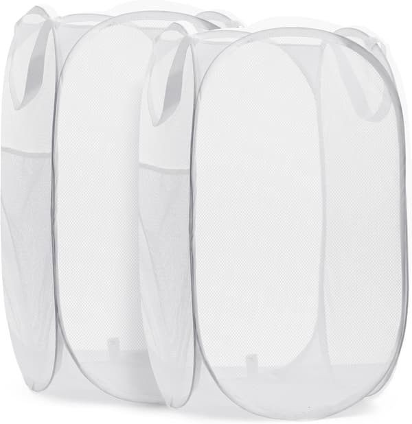 Foldable Laundry Basket 36x58cm Mesh with Wide Opening and Side Pocket Breathable Sturdy Foldable Laundry Basket 2 pcs White