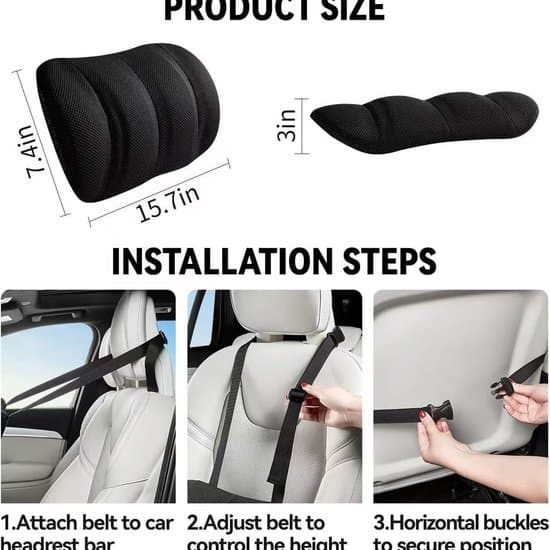 Back Cushion - Lumbar Support Cushion - Backrest Cushion - Lumbar Pillow - Height Adjustable - With Straps - Elastic Foam - Car - 40x19x8cm - Black