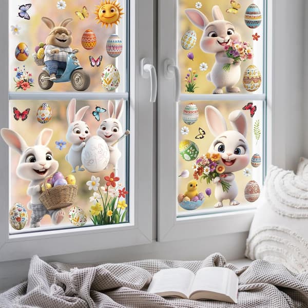 Easter Window Stickers 106 pcs 3D Rabbit and Egg Static Clings for Home, School, Office, Party Decorations