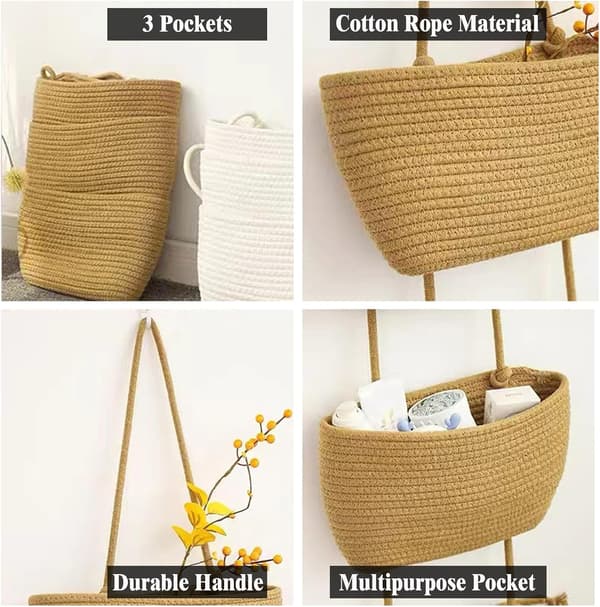 Wall Hanging Cotton Baskets - Large 3-Tier Decorative Baskets for Wall, Nursery, Bathroom (B-Brown)