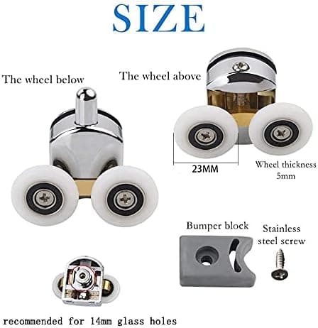 23mm Shower Door Rollers, 4 Pcs Sliding Shower Door Wheels Replacement Roller Runner 2 Upper & 2 Lower Chrome Plated Door Rollers 14mm