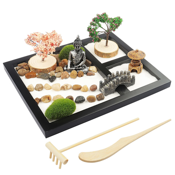Skrivbords mini trädgård med vit sand konstgjord bonsai, träd stenar, kratta och tillbehör - Kontorsdekoration sandträdgårdssats