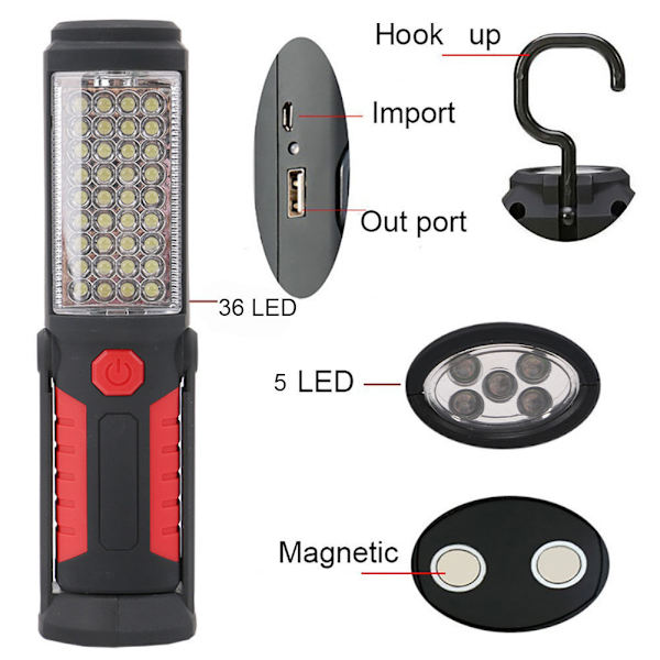 Punainen tarkastuslamppu, latautuva LED-lamppu, latautuva LED-työlamppu magneettisella LED-taskulampulla, tarkastuslamppu