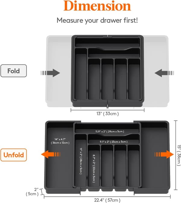 Cutlery Drawer Organizer, Extendable Cutlery Drawer Organizer for Kitchen Drawers, Adjustable Tray for Black