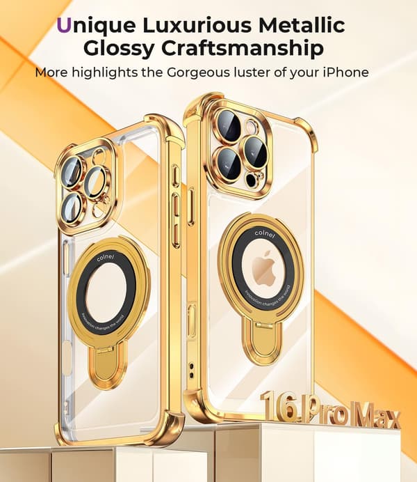 for iPhone 16 Pro Max Deksel med Integrert Linsebeskyttelse, [Sammenleggbart Stativ & Ringholder] [Kompatibelt med Magsafe], Glanset Støtsikkert Støtfanger Stilig