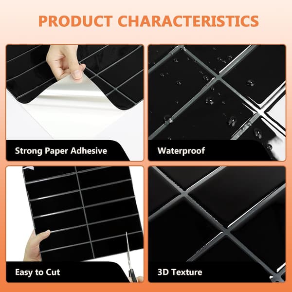 10-ark Peel and Stick Backsplash Fliser, 12\"×12\" Selvklæbende Stick-on Fliser, Limede Backsplash Fliser (Sort)