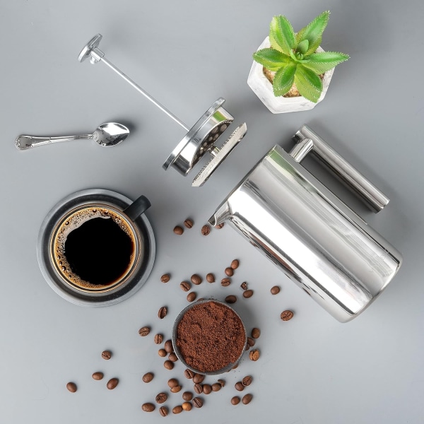 Rustfritt stål fransk press kaffetrakter 27 Oz 800 ml, dobbel vegg metallisolasjon Kaffepresse og tebrygger Enkelt å rengjøre og enkelt