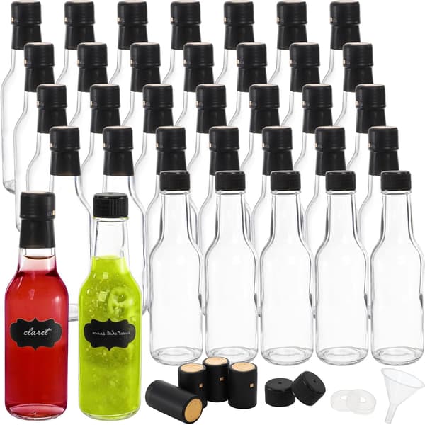 35-pack glasflaskor, 5 oz klara flaskor för stark sås, små tomma sprit- och vinflaskor med krymphätta, svarta, droppkork, etiketter