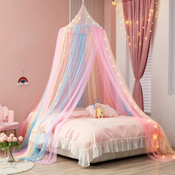 Rainbow Polyester Mosquito Net Bed Canopy - Foldable Dome Pop-Up with Easy Opening, No Installation, and Blackout Effect in Rainbow Design