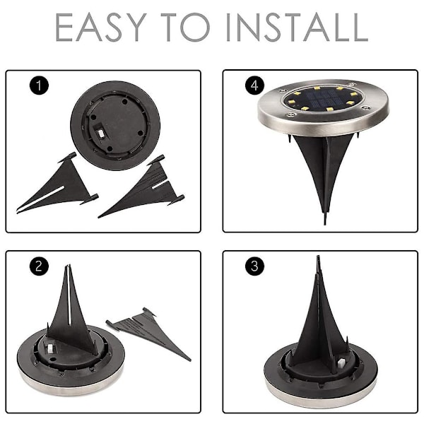 4-pack Solcellsdrivna 4 LED-lampor i rostfritt stål, vattentäta, utomhus, underjordiska lampor, trädgårdsdekoration, gräsmattor