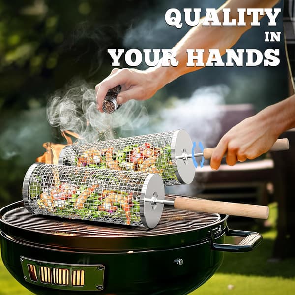 Set of two stackable BBQ baskets, removable handle, 304 stainless steel, BBQ accessories, vegetables, shrimp, charcoal grill, two sets, one large, one small