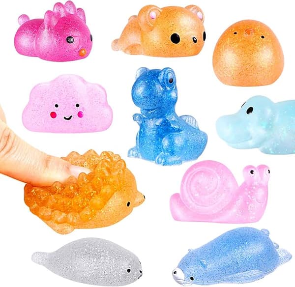 20 stk. påskekurvfyld med Squishy-legetøj (tilfældig stil), forfyldte påskeæg med glitter mini bløde dyr, Squishy