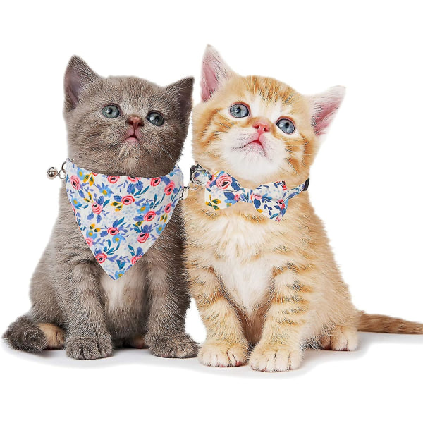 Cat Collar With Bow Tie Bandana, Kitten Collar With Removable Bowtie Bandana Cute Flower Pattern