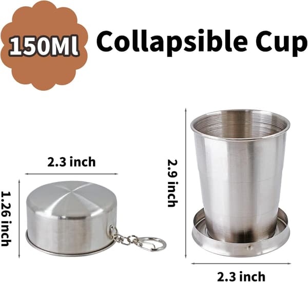Sammenklappelig Rejsekrus med Nøglering - Rustfri Foldbar Kop til Vandreture, Picnic, Udendørsaktiviteter (150ml)
