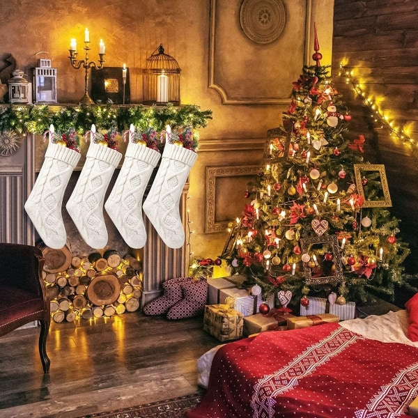 6 stk Jule Strømper Stor Størrelse Kabelstrikket Strømper Gaver og Pynt til Familie Julefest, Elfenbenshvit