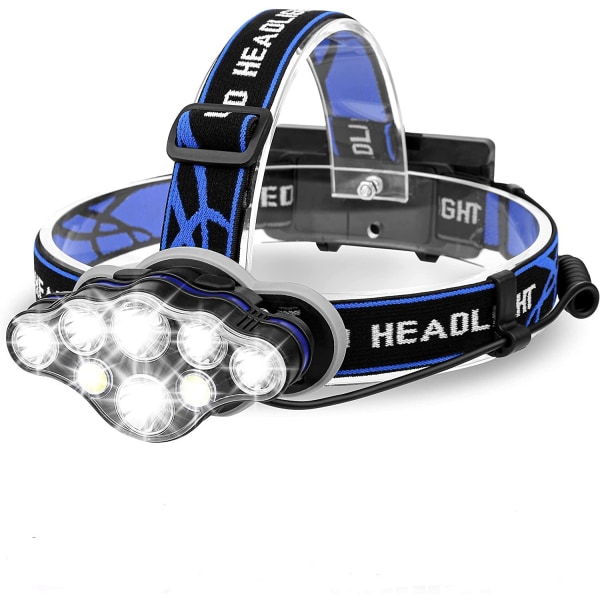 2 st blå uppladdningsbar pannlampa, 8 LED-lumen ljus huvudlampa med rött ljus, lätt USB huvudlampa, vattentätt huvud med 8 lägen