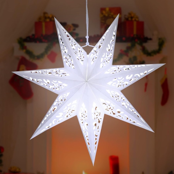 17,7 tommer julepapir stjerneformet lanterne stor udhulet stjerneformet hvid 7-spidsede stjerne papirlys skærm hvid