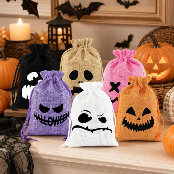 Presentpåsar i linne med dragsko, Halloween julkaraktär godispåsar, spöklik design, festgåvor Pink Forked Eyes Pink Forked Eyes