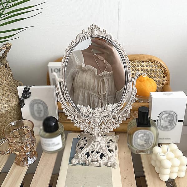 Small Oval Makeup Mirror, Finely Carved, Flip Mirror, Desk, Standing Glass Mirror