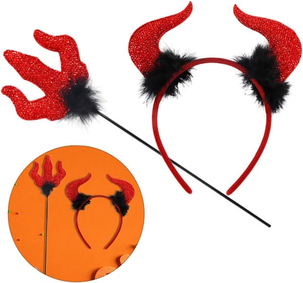 4 Sets Halloween Set Demon Horns Kit Spooky Headband and Trident Staff