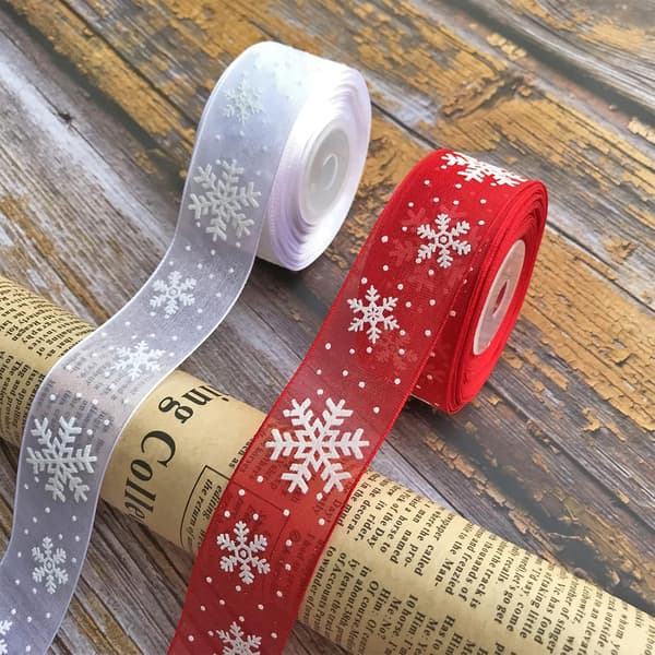 2 rullar snöflinga organza band, 2,5 cm x 10 m spole för julgran, present
