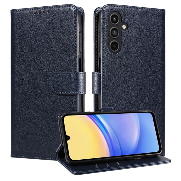 Samsung A14 Mobilskal - Läder Folio Flip Ställ Stötsäkert Skydd med Blockerande Kortfack Plånbok - Blå