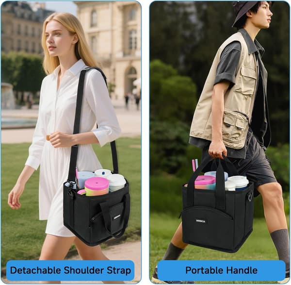Reusable Drink Carrier with Handle - Insulated, Foldable 4-Cup Beverage Bag with Spill-Proof Base, Adjustable Dividers, and Shoulder Strap, Portable Caddy