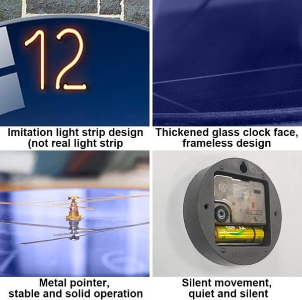 30,5 cm väggklocka i glas, tyst, rund, inget tickande, för vardagsrum, sovrum, hall, kontor, solnedgångsblå