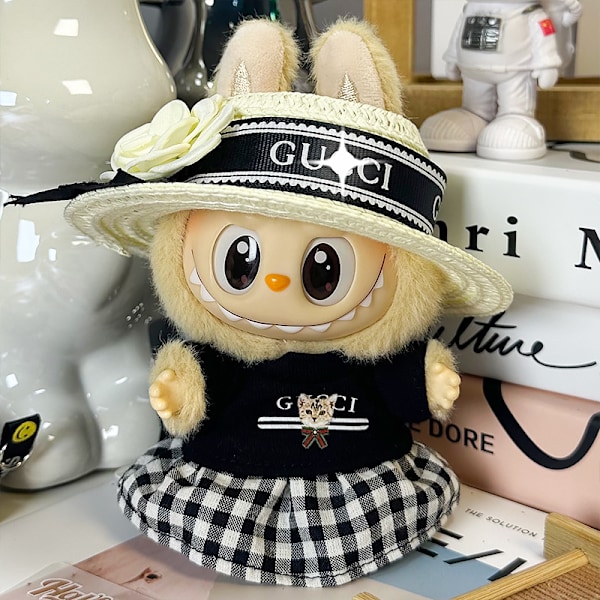 Labubu dockkläder första generationen andra generationen blindbox Labubu dockkläder (hatt + topp + kjol) G Svart stråhatt