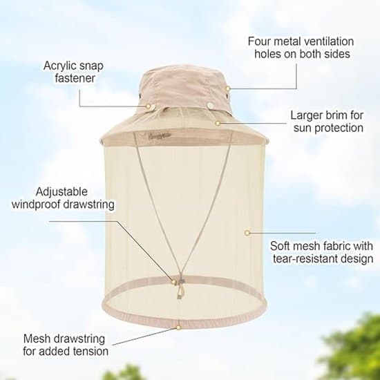 Mosquito Head Net - Mosquito Hat - Insect Net Hat - Beekeeper Hat - Portable Mosquito Net Hat - Summer Beekeeper Hat for Walking - Khaki - 52x10 cm
