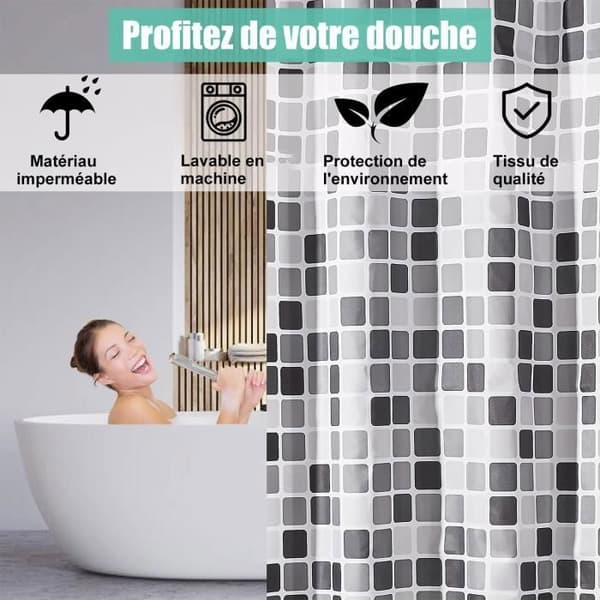 Waterproof Shower Curtain 180x200 cm, Washable with 12 Hooks, Polyester Fabric, Black and White Geometric Pattern, Grey