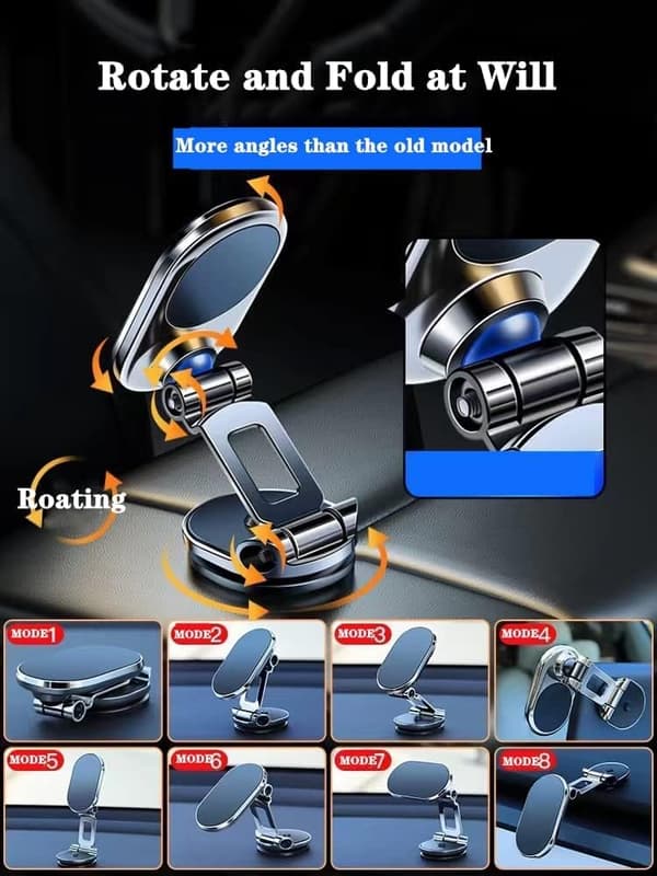 Silver Magnetic Car Phone Holder, Foldable, Heavy Duty, 720° Rotatable (7.5 x 6.5 x 3.5 cm)