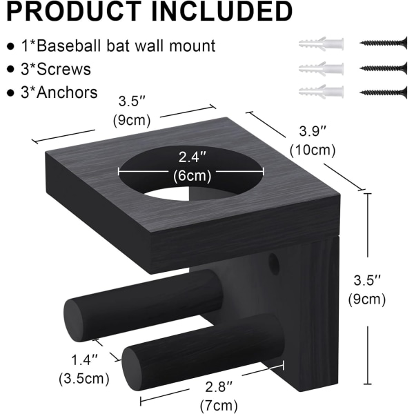 Baseballträväggfäste Trähållare för Basebollträ Väggfäste Skyddar Dolda Skruvar - Svart