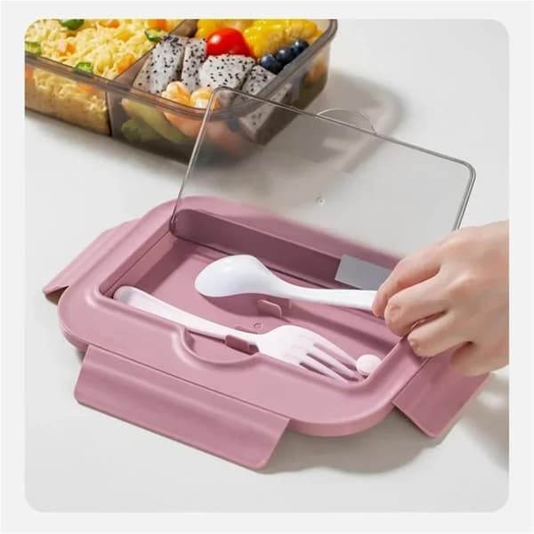 Bento Lunch Box and Cutlery Set for Office Workers Square Divided Microwave Safe Waterproof and Leak-Proof Food Container (Triple-grid-Blue)