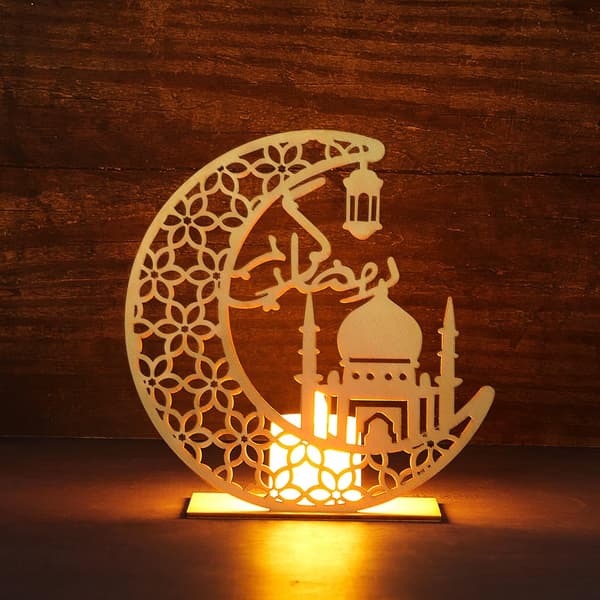 Eid Håndværk Natlys Ramadan Mubarak 3D Træ Måneform Dekoration, Lampepynt til Muslimer, 5,8 x 5,5 Tommer (Bogstav)