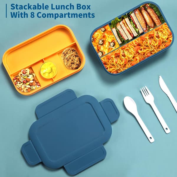 2000 ml stor Bento matboks, stablebar japansk matboks med 8 rom, med bestikksett, (blå)