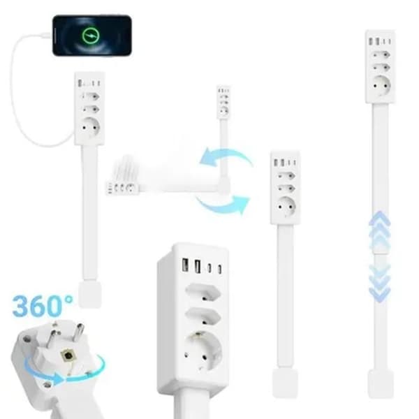 1500W Power Strip with 3 Outlets, 2 USB-A and 2 USB-C, 47-67cm Retractable Cable, Supports 20W Fast Charging - LAN