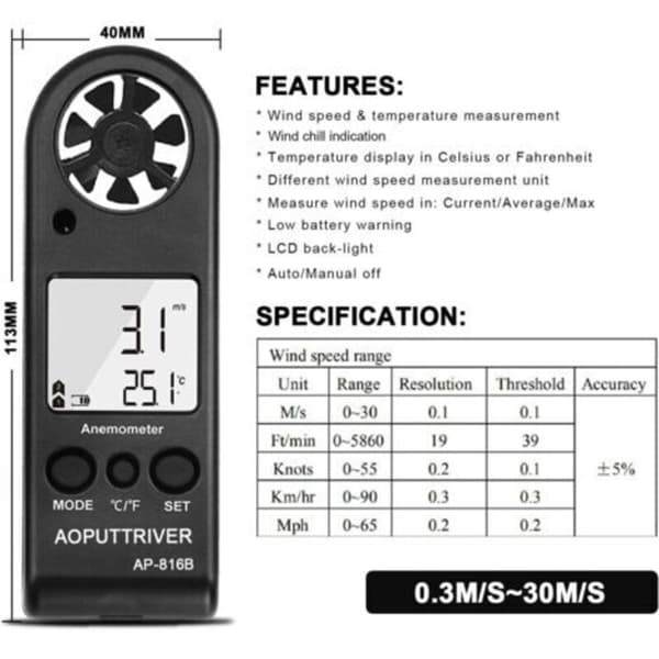 LCD Digital Vindmåler med Baggrundsbelysning til Windsurfing, Sejlads, Fiskeri mv.