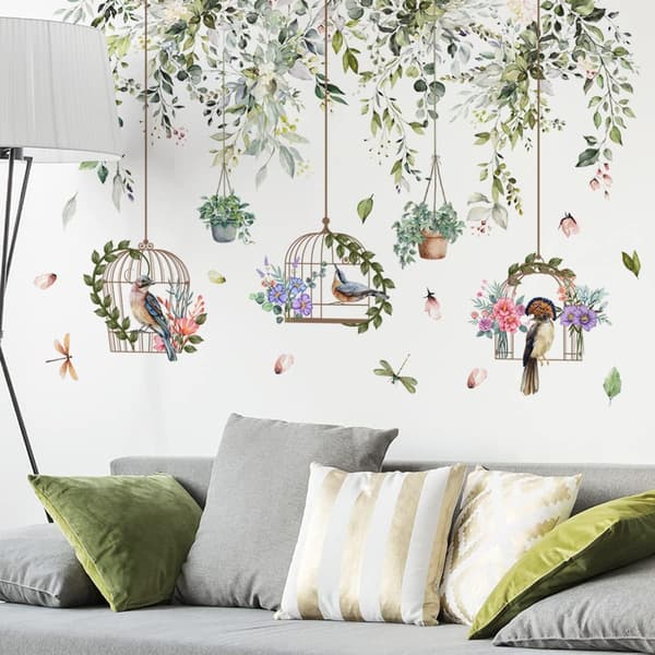 Väggdekaler Blommor och Fåglar Väggdekaler Växter Gröna Blad Deko Dekaler Badrum Vardagsrum Sovrum Barn