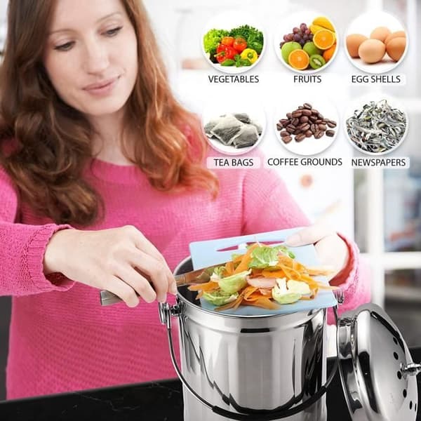5L Stainless Steel Compost Bin for Kitchen Countertop - Compost Bin Kitchen Pail Compost with Lid