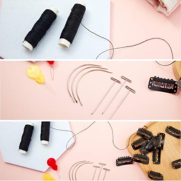 85 Pieces Hair Extension Clip Wig Making Kit, Includes 50 U-shaped Clips, 10 Curved Needles, 20 T-pins, 3 Rolls Weaving Thread, 2 Needle Threaders