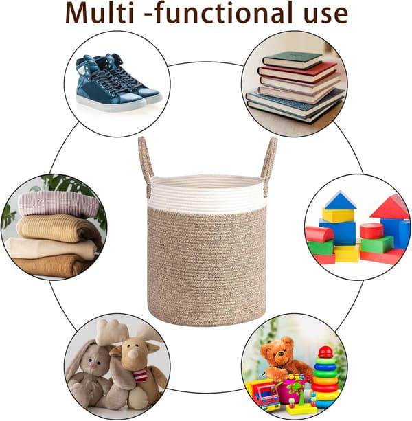 Large Foldable Woven Storage Baskets Cotton Rope Felt Baskets with Handles, Organizer Nursery Decor Laundry Basket, White Linen (35x40cm)
