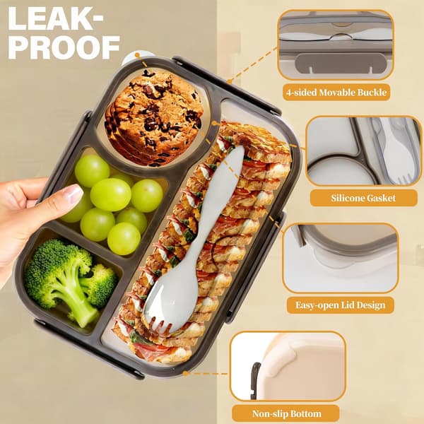 2-pack Bento Lunch Box with 4 Compartments - Leak-proof - Dishwasher Safe Includes Spoon For Work and School 23 x 17 x 5 cm Gray Gray